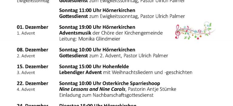 Gottesdienste im November und Dezember
