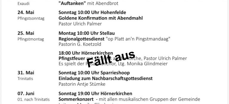 Gottesdienste im Mai und Juni
